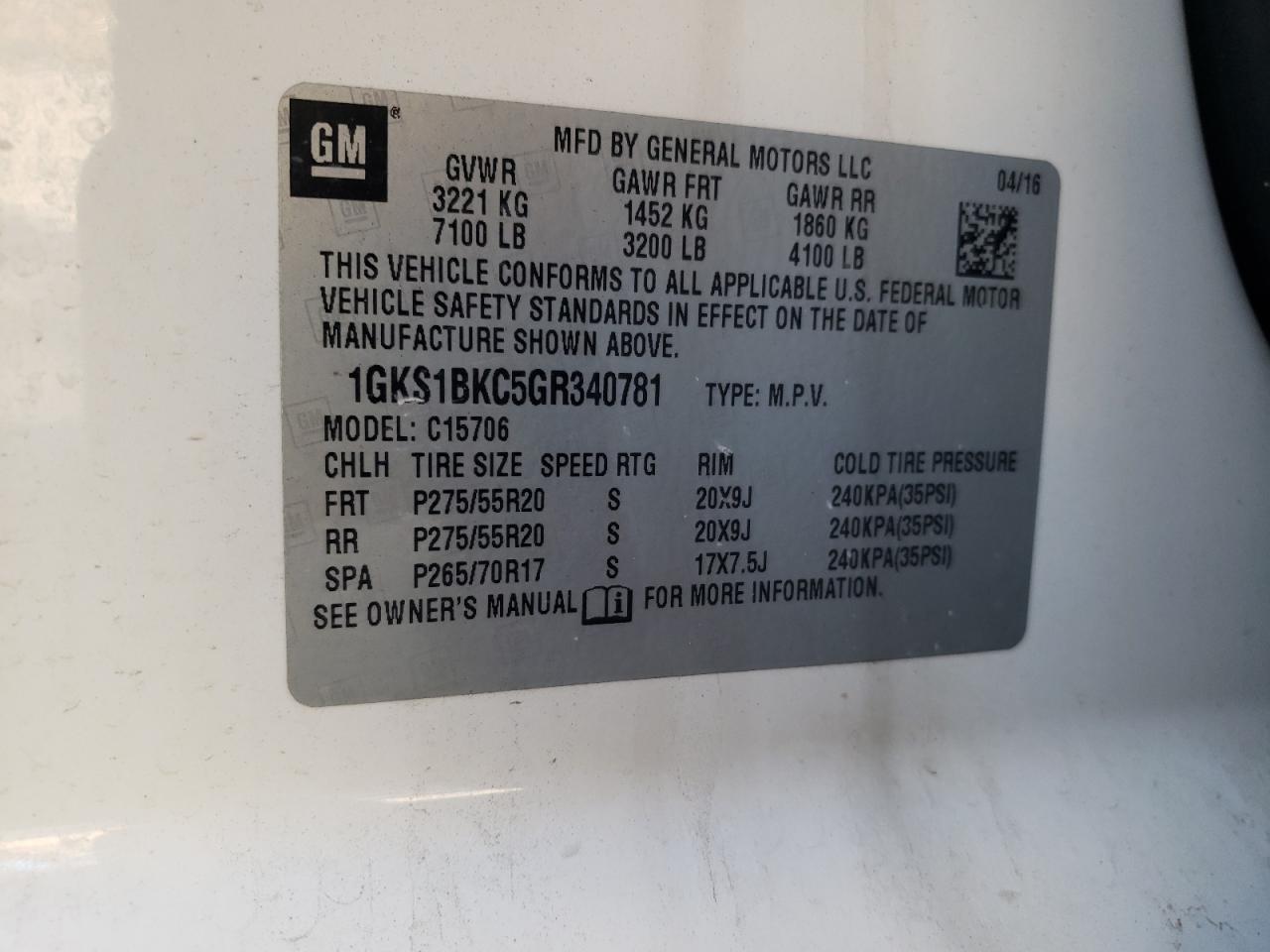 Photo 10 from auction – 2016 GMC YUKON SLT with VIN 1GKS1BKC5GR340781