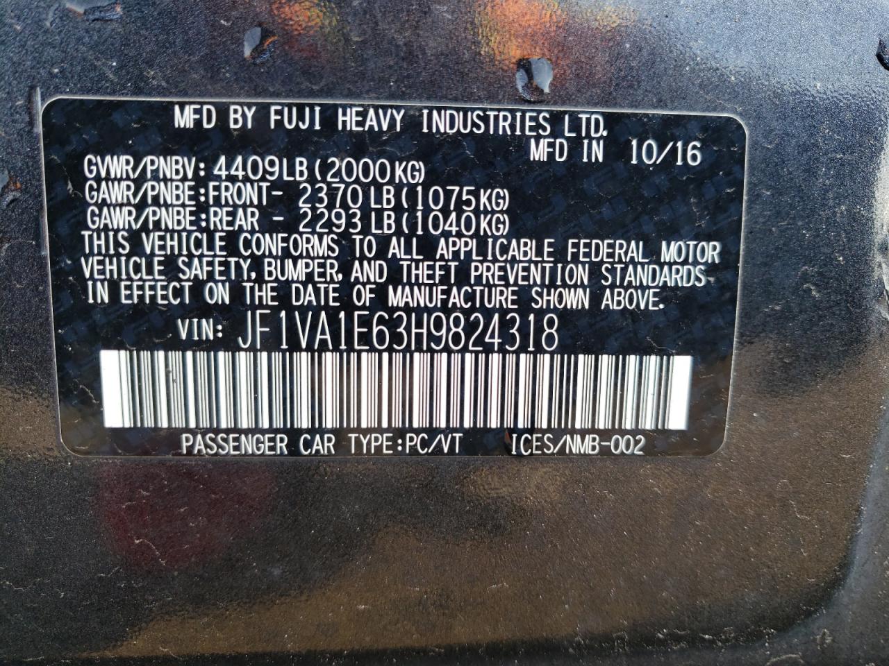 Photo 10 from auction – 2017 SUBARU WRX PREMIU with VIN JF1VA1E63H9824318