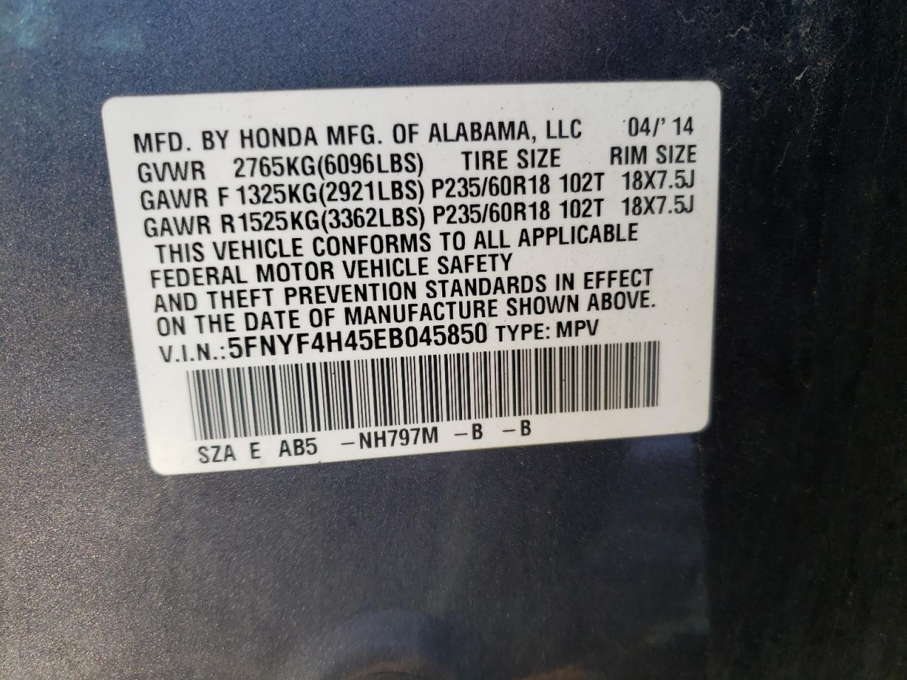 Photo 10 from auction – 2014 HONDA PILOT EX with VIN 5FNYF4H45EB045850