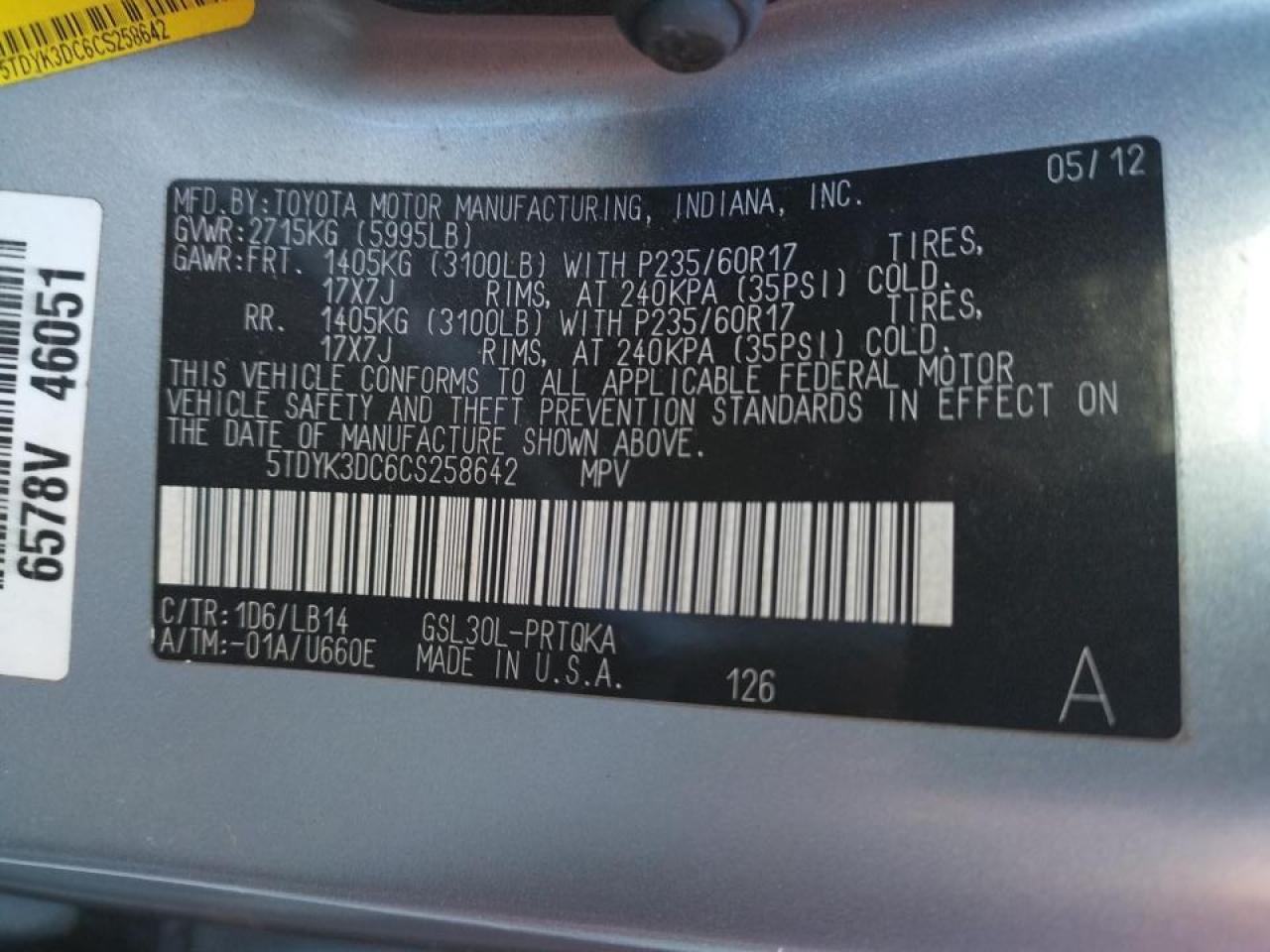 Photo 10 from auction – 2012 TOYOTA SIENNA XLE with VIN 5TDYK3DC6CS258642