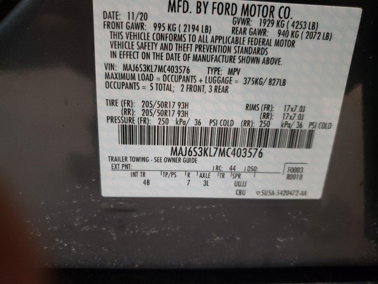Photo 10 from auction – 2021 FORD ECOSPORT T with VIN MAJ6S3KL7MC403576