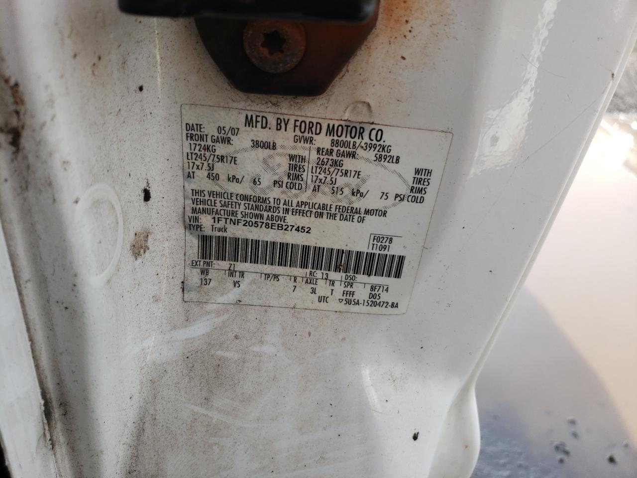 Photo 10 from auction – 2008 FORD F250 SUPER with VIN 1FTNF20578EB27452