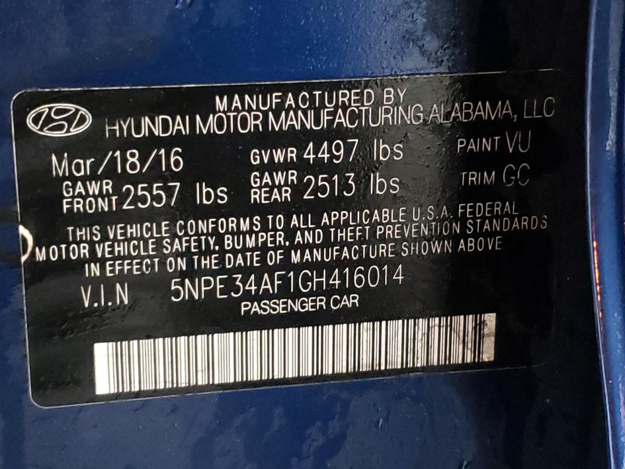 Photo 10 from auction – 2016 HYUNDAI SONATA SPO with VIN 5NPE34AF1GH416014