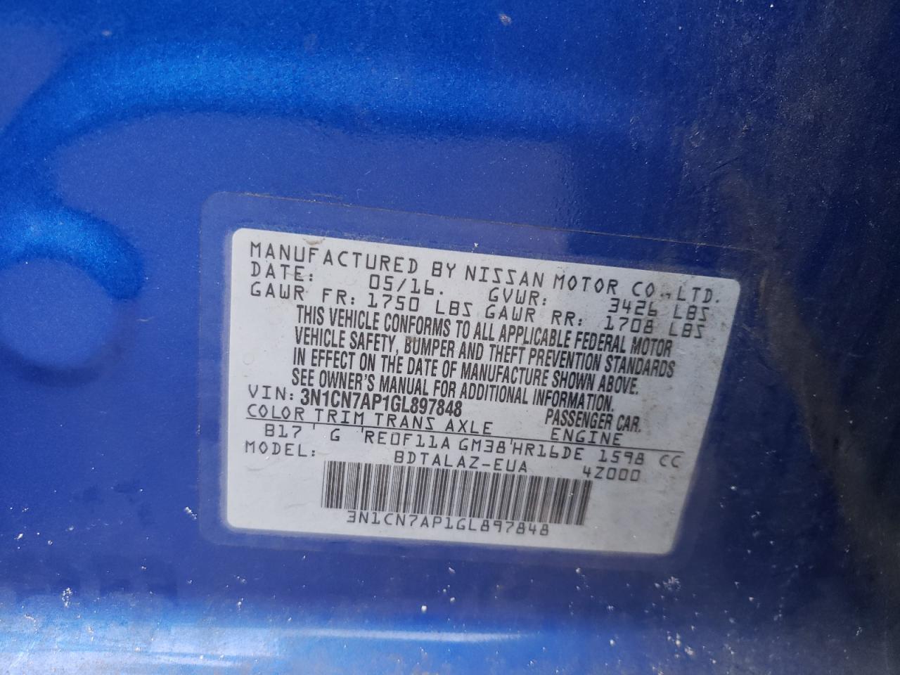Photo 10 from auction – 2016 NISSAN VERSA S with VIN 3N1CN7AP1GL897848