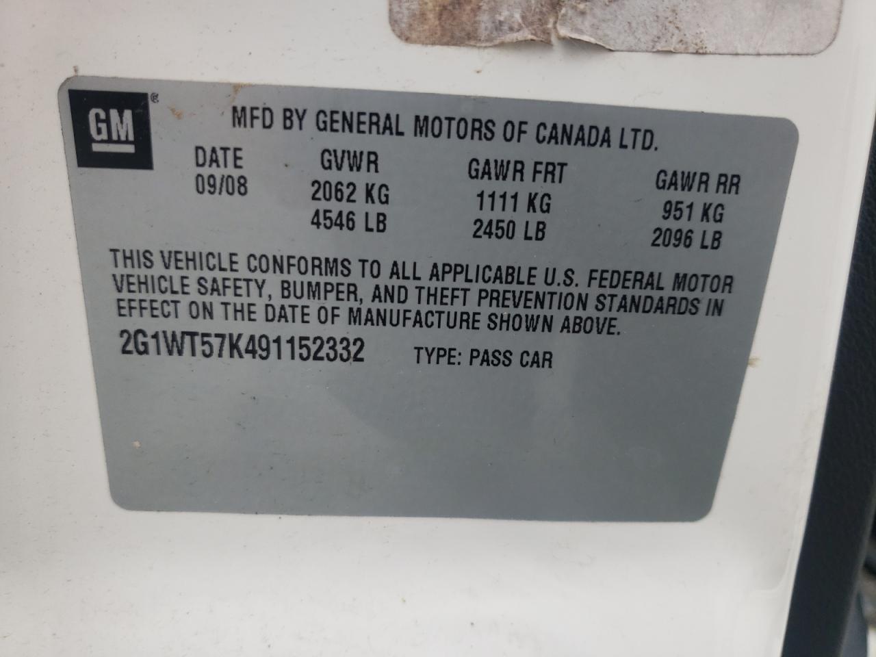 Photo 10 from auction – 2009 CHEVROLET IMPALA 1LT with VIN 2G1WT57K491152332