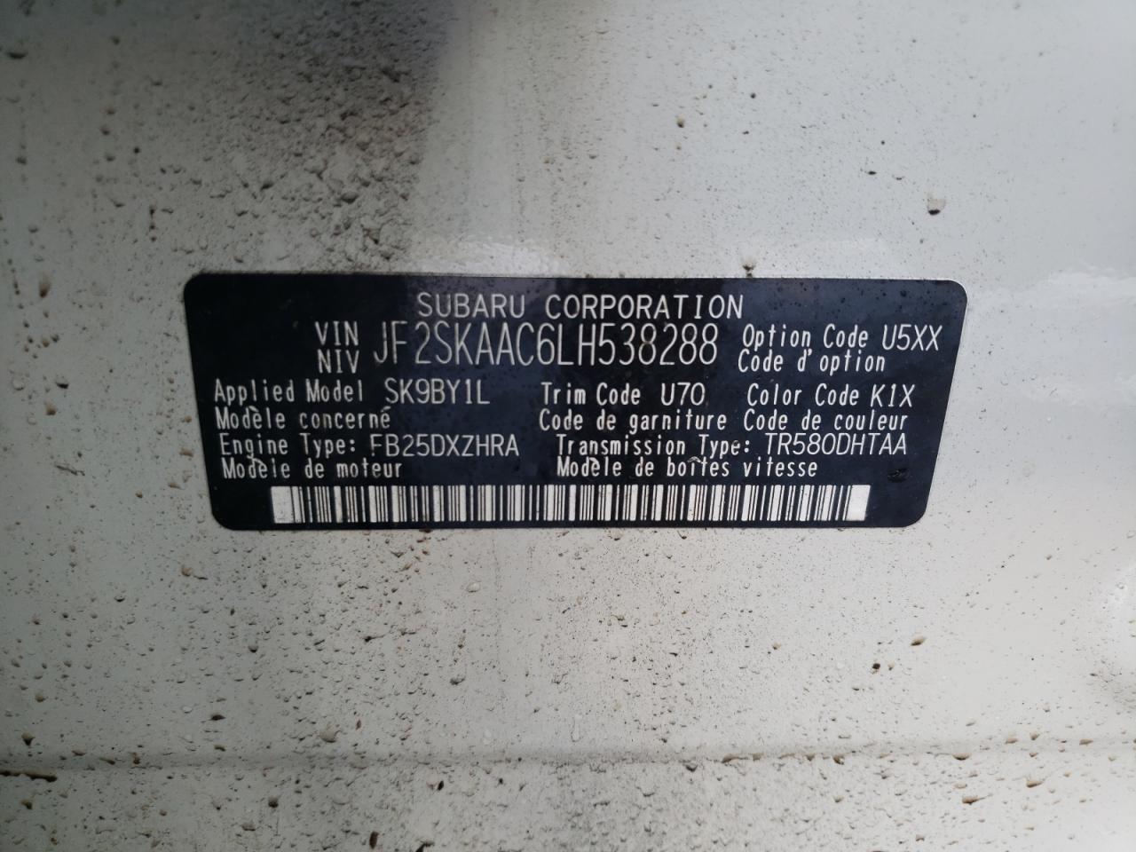 Photo 10 from auction – 2020 SUBARU FORESTER with VIN JF2SKAAC6LH538288
