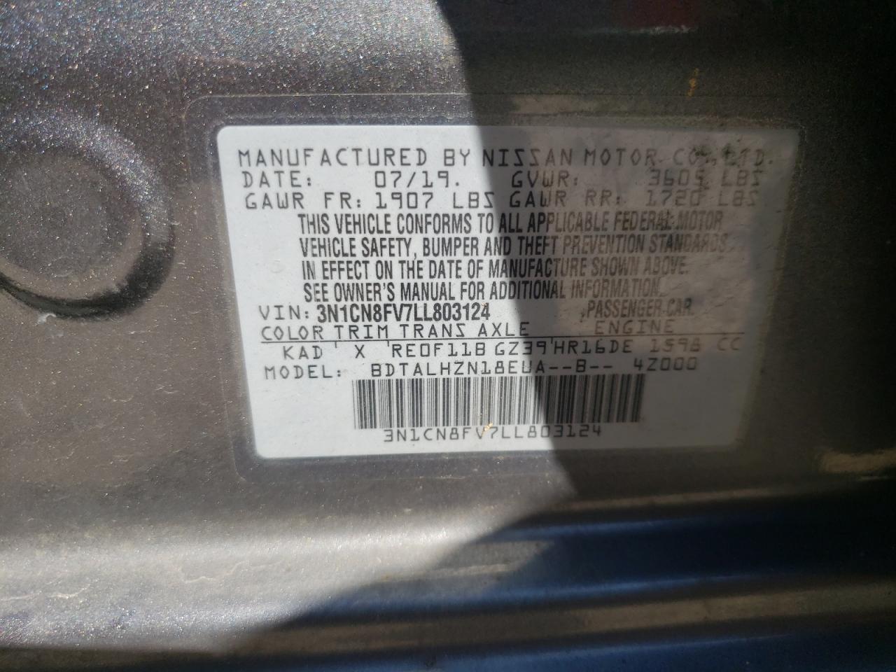 Photo 10 from auction – 2020 NISSAN VERSA SR with VIN 3N1CN8FV7LL803124