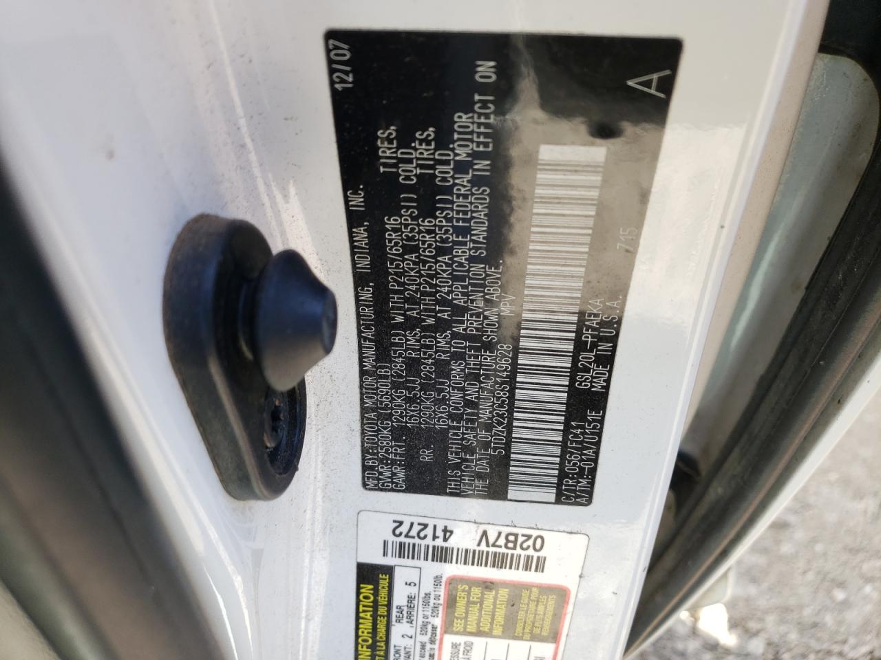 Photo 10 from auction – 2008 TOYOTA SIENNA CE with VIN 5TDZK23C58S149628