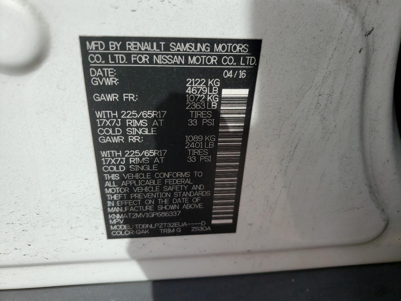 Photo 10 from auction – 2016 NISSAN ROGUE S with VIN KNMAT2MV1GP686337