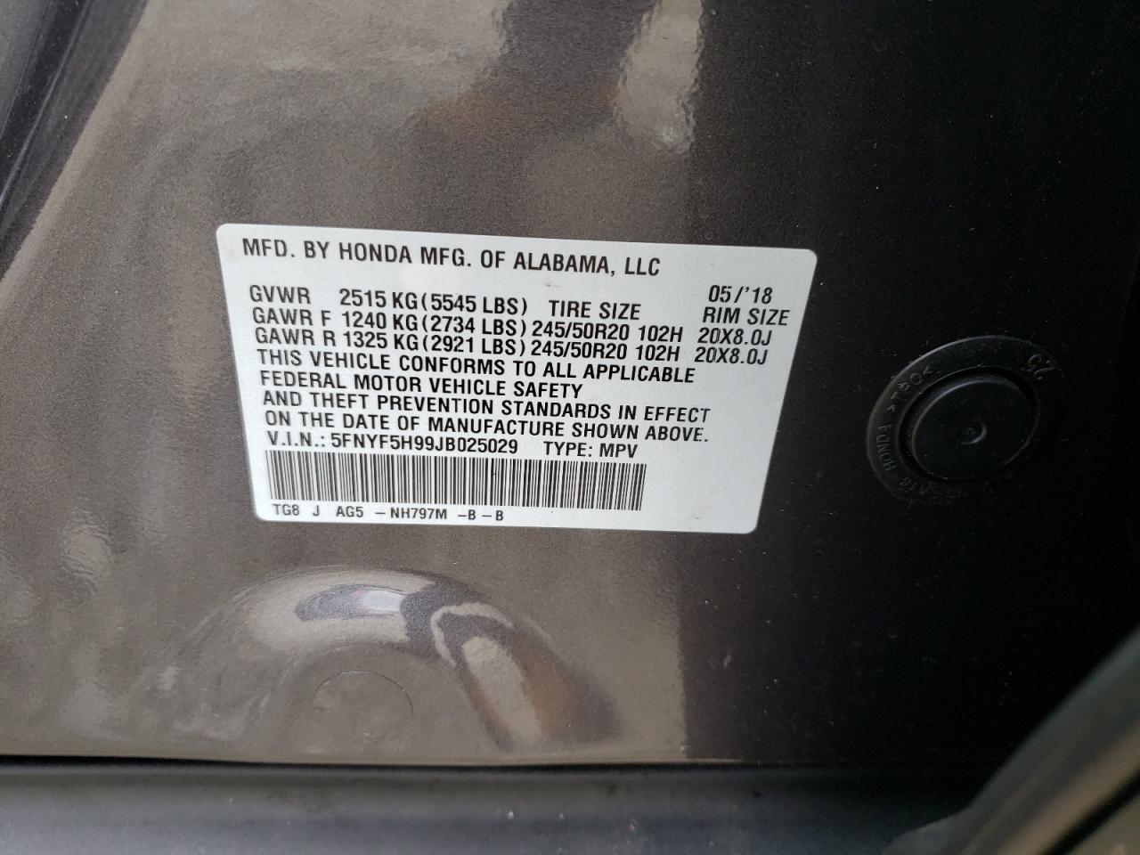 Photo 10 from auction – 2018 HONDA PILOT TOUR with VIN 5FNYF5H99JB025029
