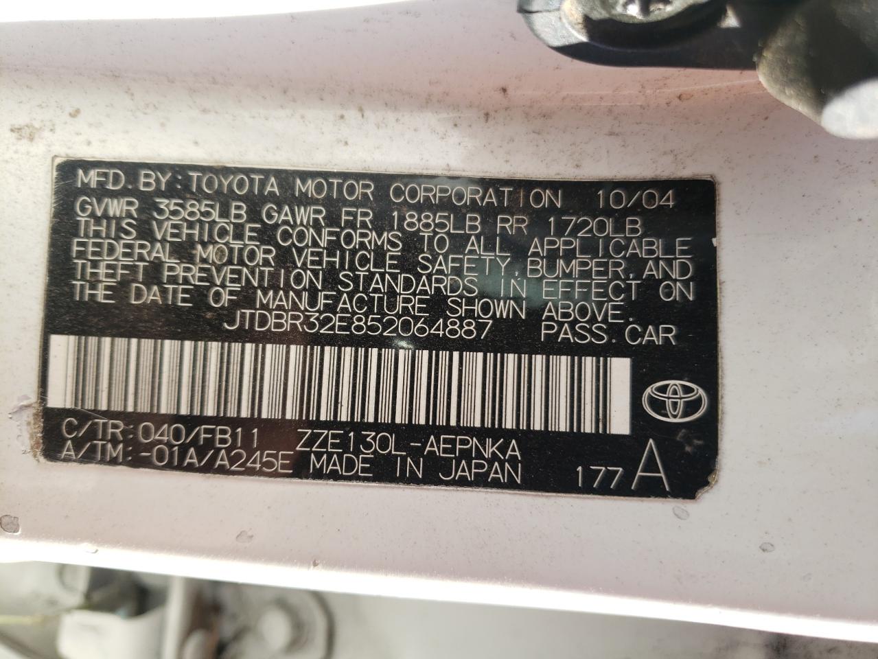 Photo 10 from auction – 2005 TOYOTA COROLLA CE with VIN JTDBR32E852064887