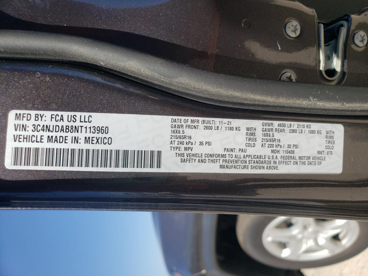 صورة رقم 10 من المزاد - 2022 JEEP COMPASS SP مع VIN 3C4NJDAB8NT113960