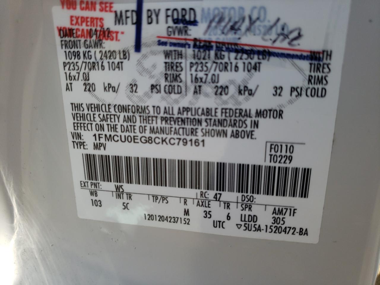 Photo 10 from auction – 2012 FORD ESCAPE LIM with VIN 1FMCU0EG8CKC79161