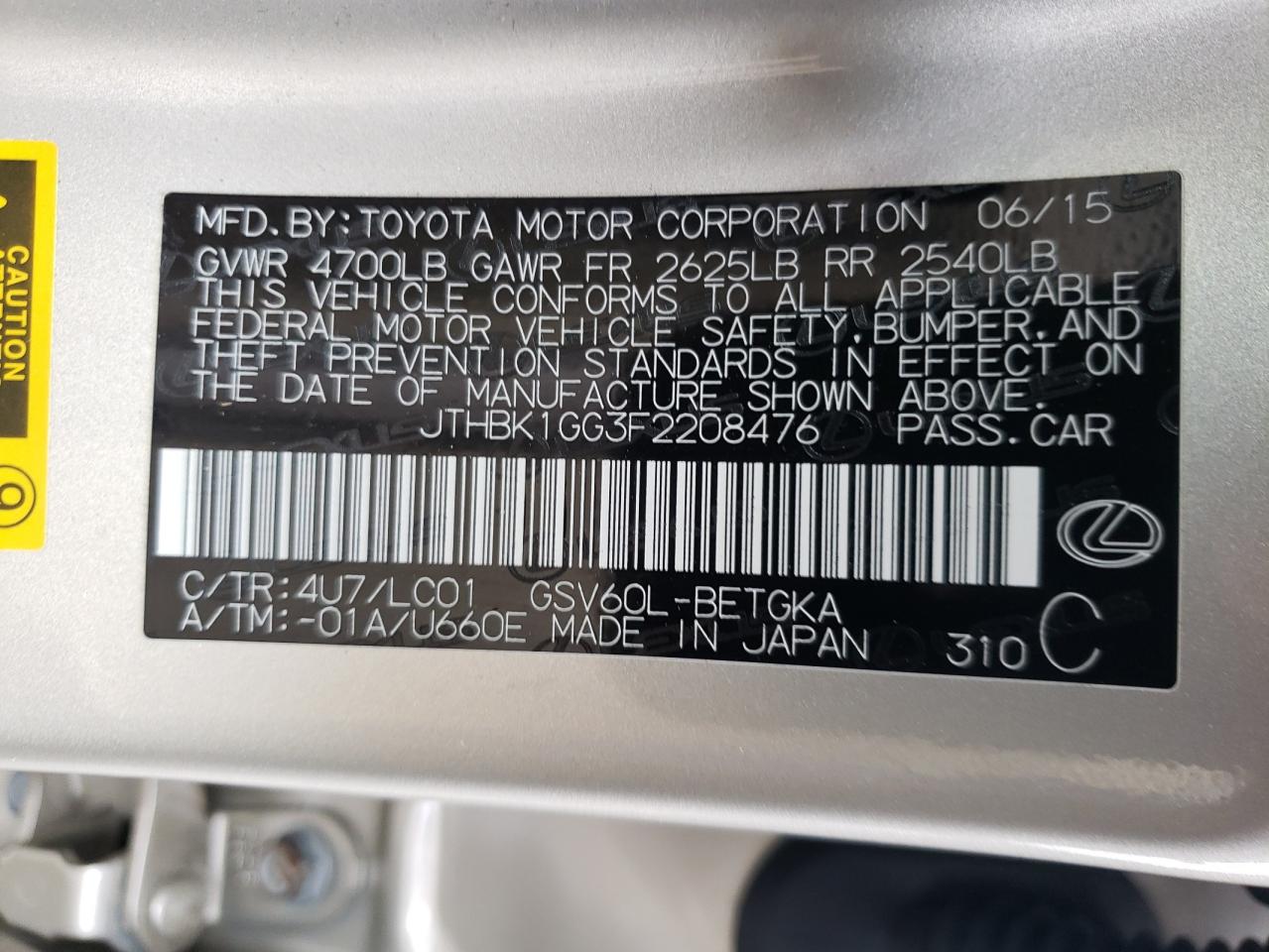 Photo 10 from auction – 2015 LEXUS ES 350 with VIN JTHBK1GG3F2208476