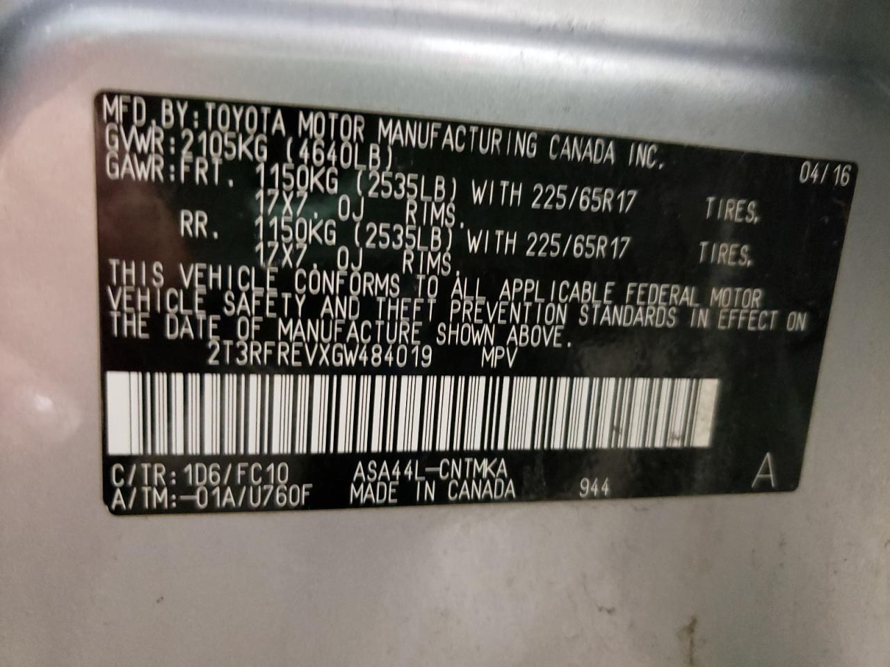 Photo 10 from auction – 2016 TOYOTA RAV4 XLE with VIN 2T3RFREVXGW484019