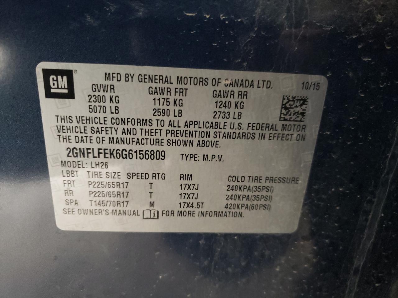 Photo 10 from auction – 2016 CHEVROLET EQUINOX LT with VIN 2GNFLFEK6G6156809