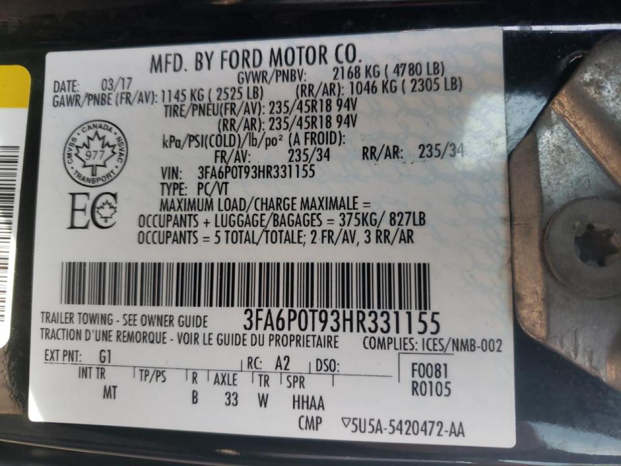 Photo 10 from auction – 2017 FORD FUSION SE with VIN 3FA6P0T93HR331155