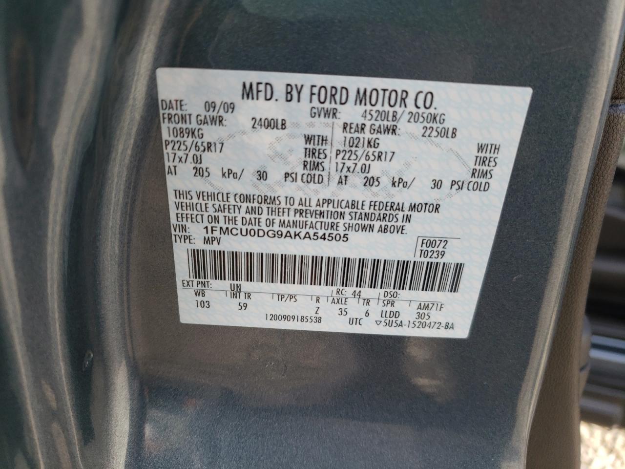Photo 10 from auction – 2010 FORD ESCAPE SE with VIN 1FMCU0DG9AKA54505