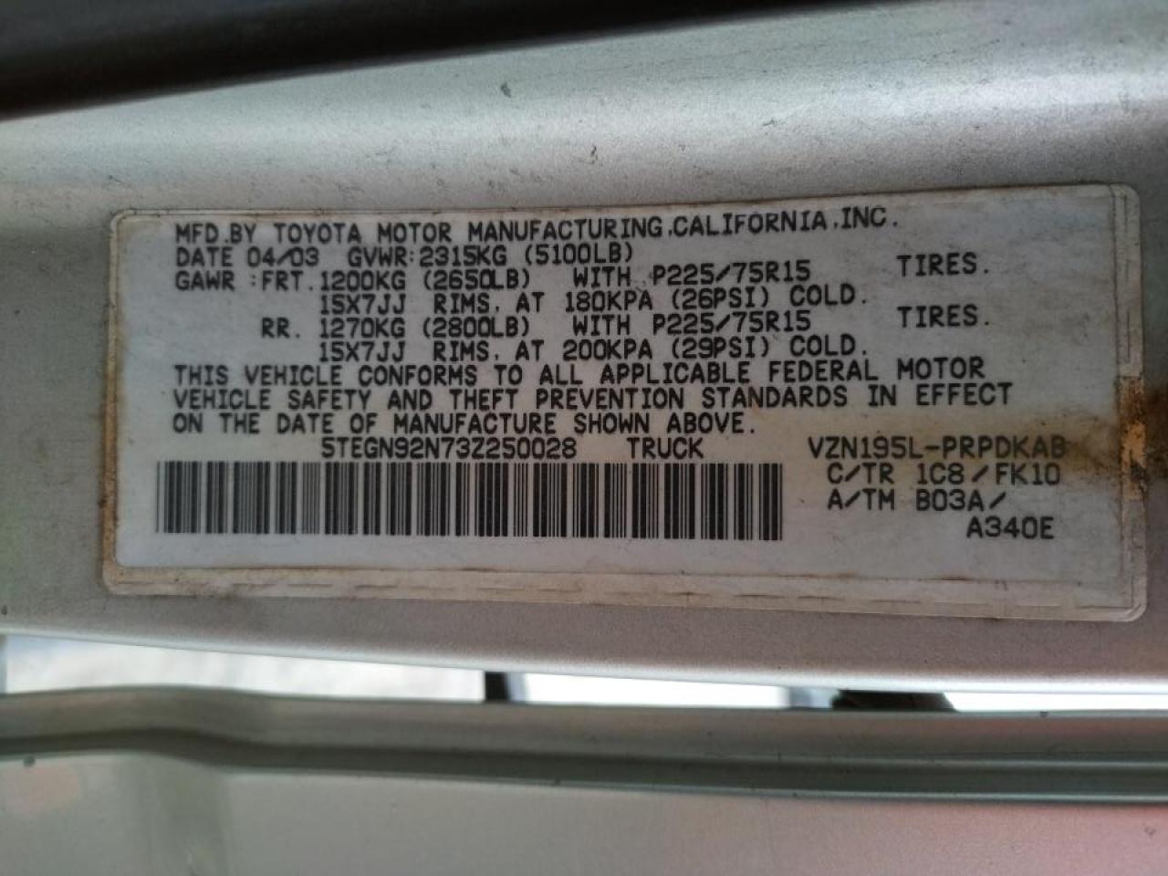 Photo 10 from auction – 2003 TOYOTA TACOMA DOU with VIN 5TEGN92N73Z250028