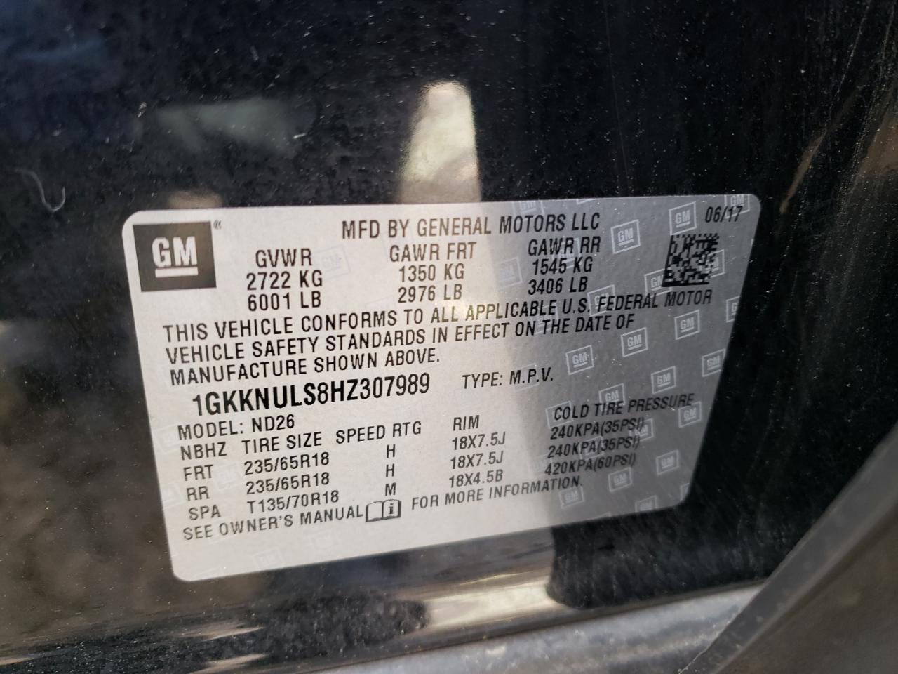 Photo 10 from auction – 2017 GMC ACADIA SLT with VIN 1GKKNULS8HZ307989