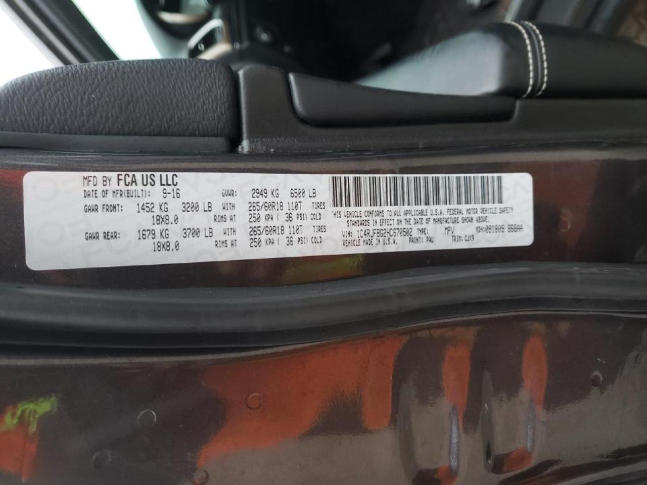 Photo 10 from auction – 2017 JEEP GRAND CHER with VIN 1C4RJFBG2HC670502