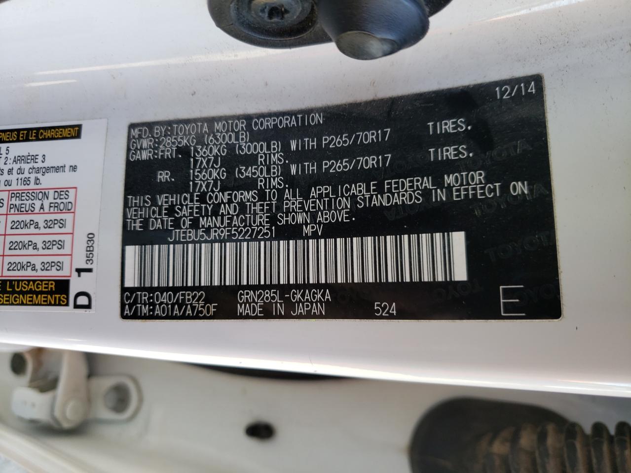Photo 10 from auction – 2015 TOYOTA 4RUNNER SR with VIN JTEBU5JR9F5227251