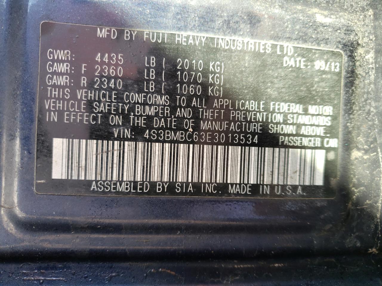 Photo 10 from auction – 2014 SUBARU LEGACY 2.5 with VIN 4S3BMBC63E3013534
