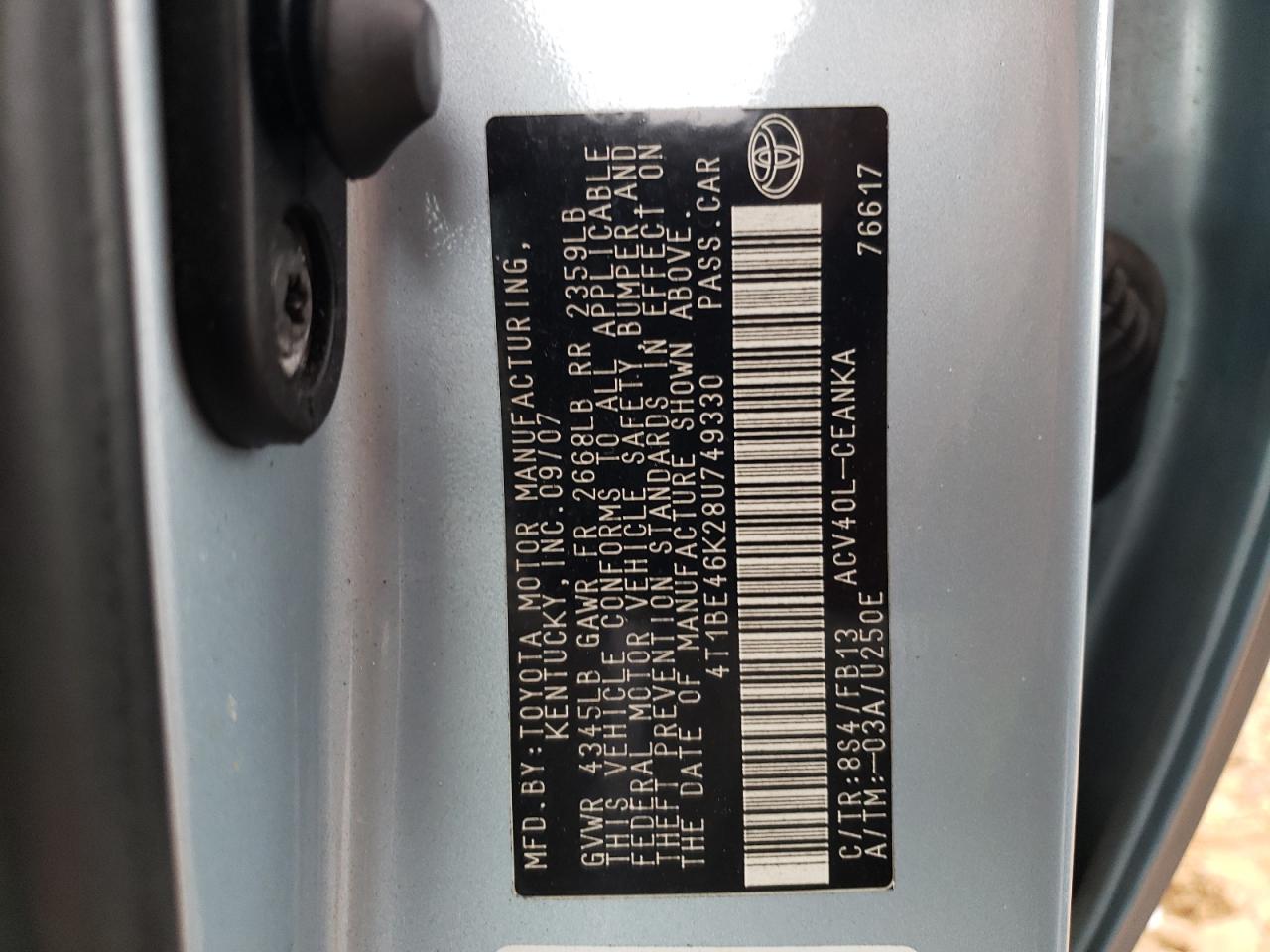 Photo 10 from auction – 2008 TOYOTA CAMRY CE with VIN 4T1BE46K28U749330