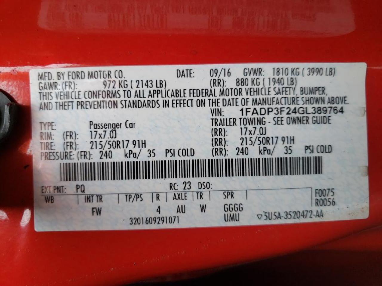 Photo 10 from auction – 2016 FORD FOCUS SE with VIN 1FADP3F24GL389764