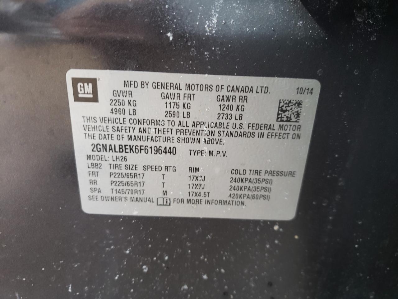 Photo 10 from auction – 2015 CHEVROLET EQUINOX LT with VIN 2GNALBEK6F6196440