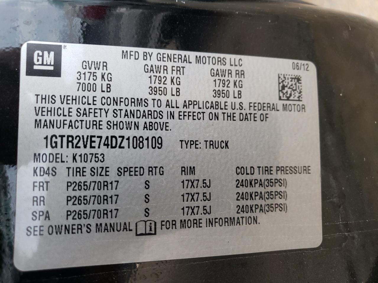 Photo 10 from auction – 2013 GMC SIERRA K15 with VIN 1GTR2VE74DZ108109