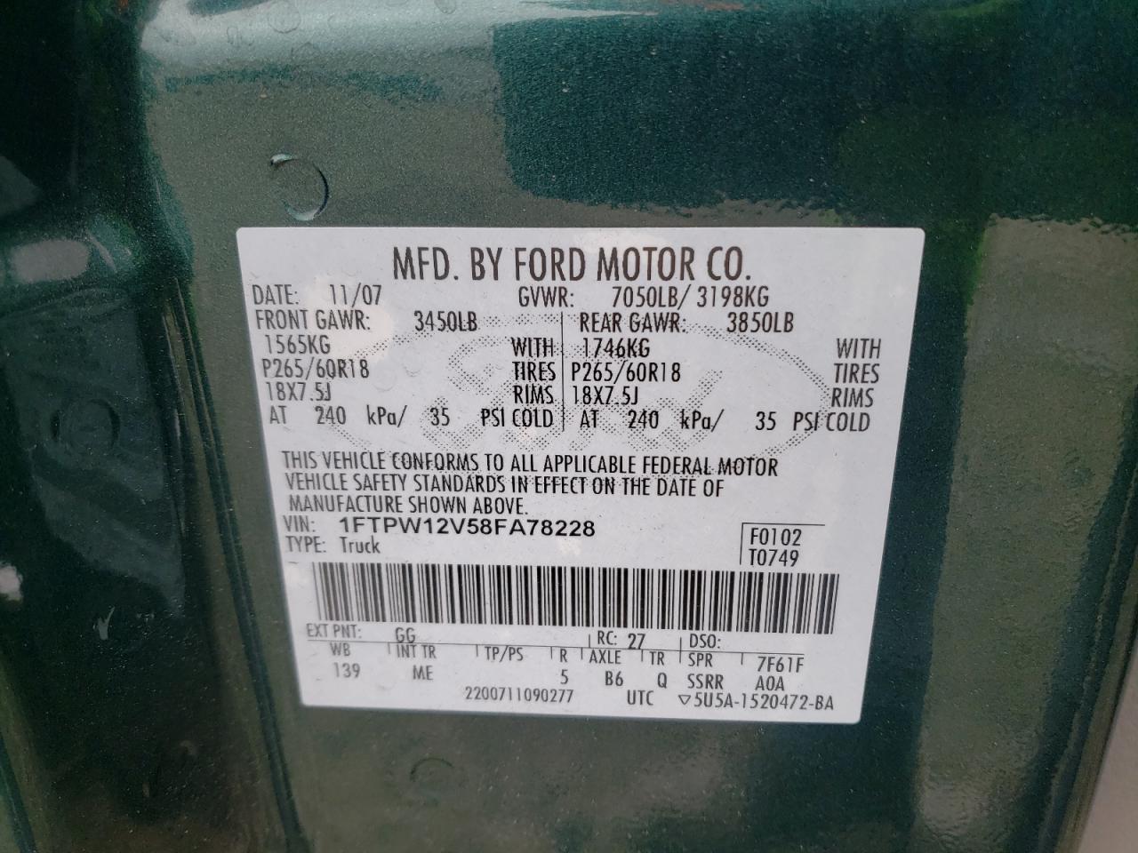 Photo 10 from auction – 2008 FORD F150 SUPER with VIN 1FTPW12V58FA78228