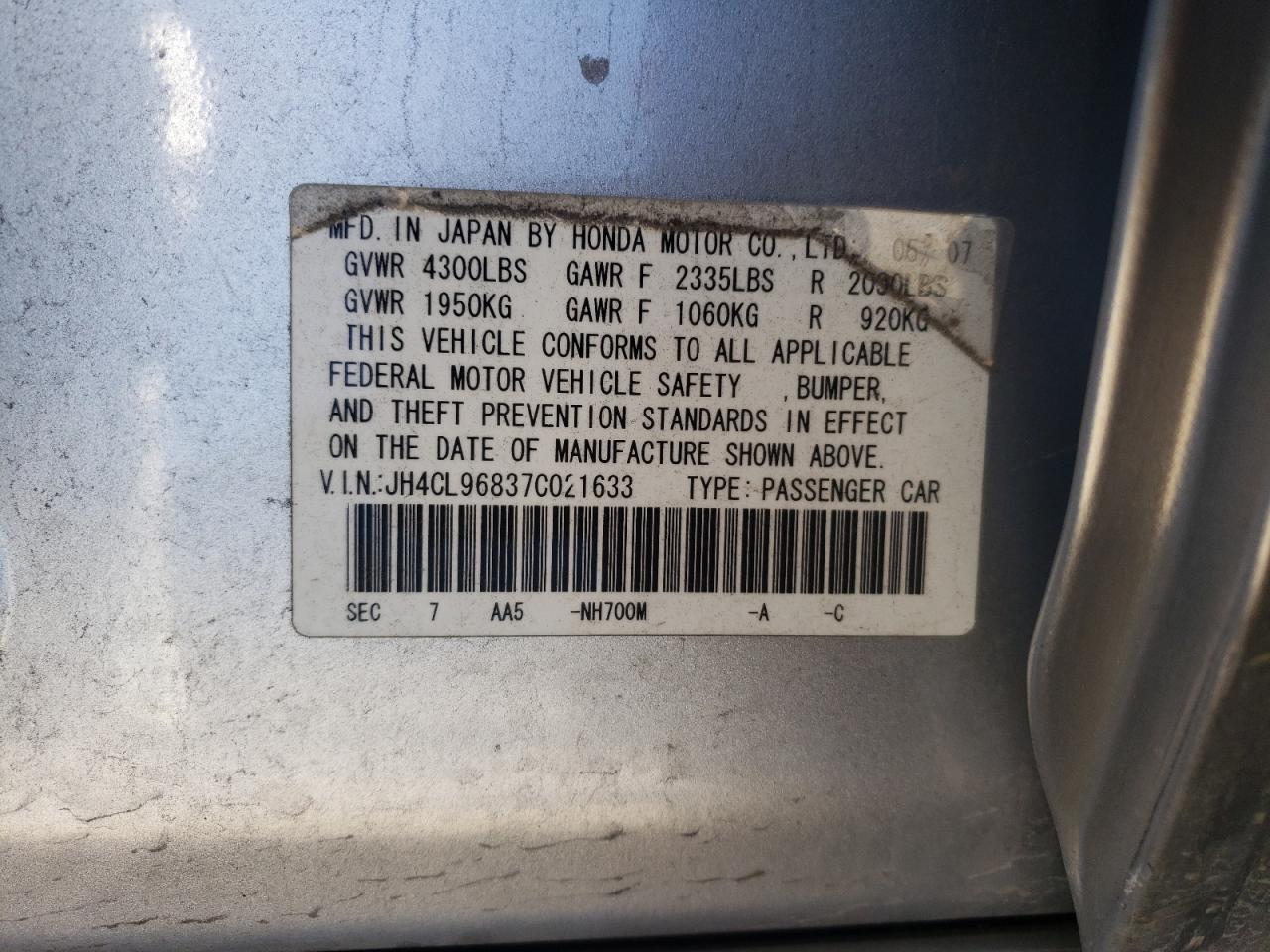 Photo 10 from auction – 2007 ACURA TSX with VIN JH4CL96837C021633