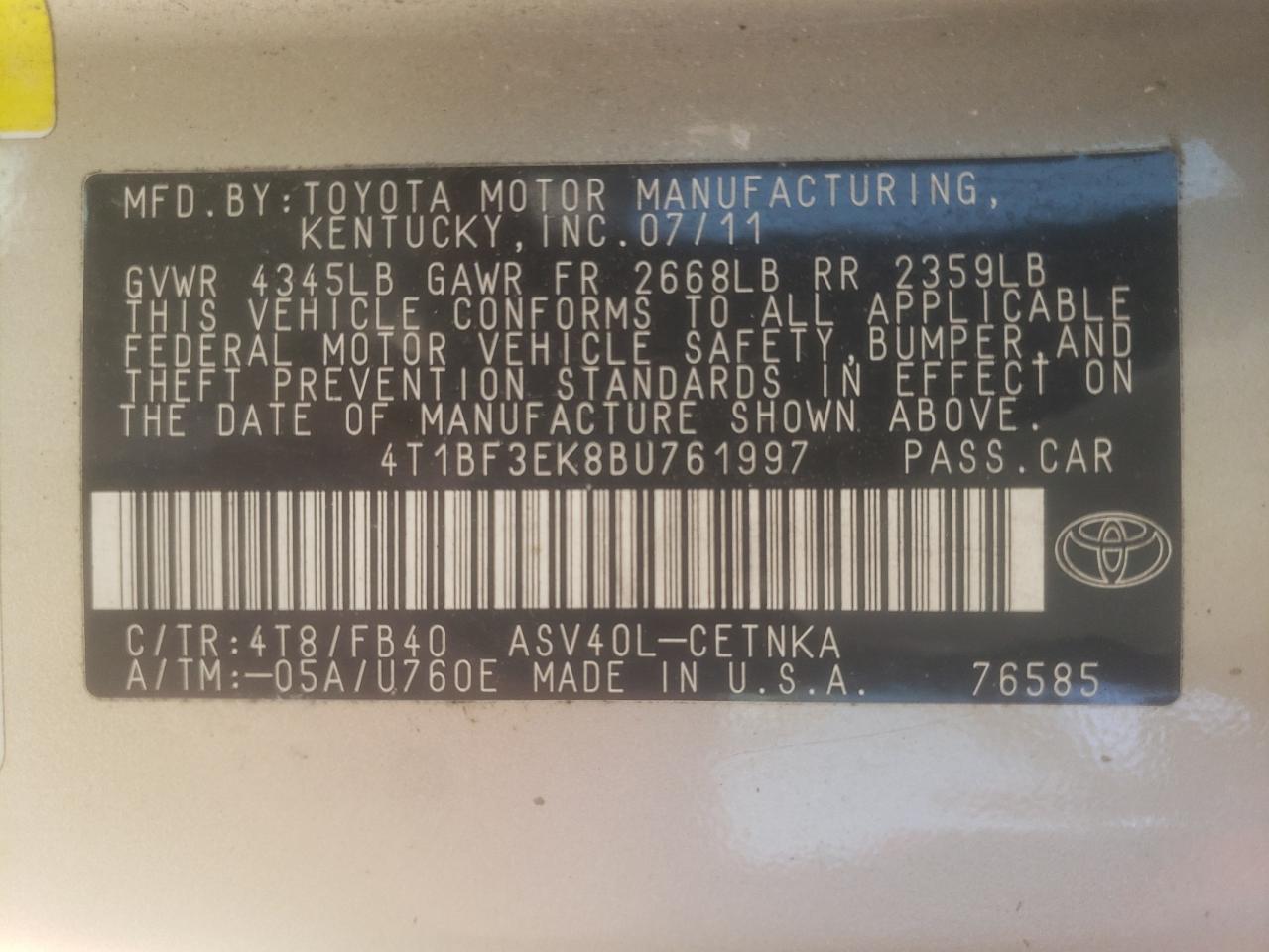 Photo 10 from auction – 2011 TOYOTA CAMRY BASE with VIN 4T1BF3EK8BU761997