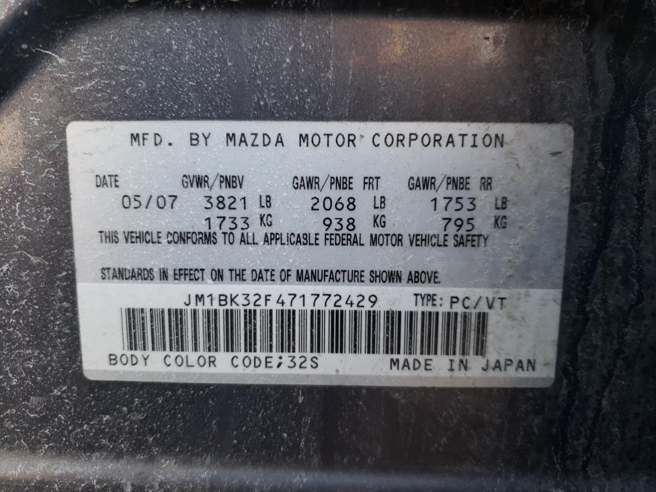 Photo 10 from auction – 2007 MAZDA 3 I with VIN JM1BK32F471772429