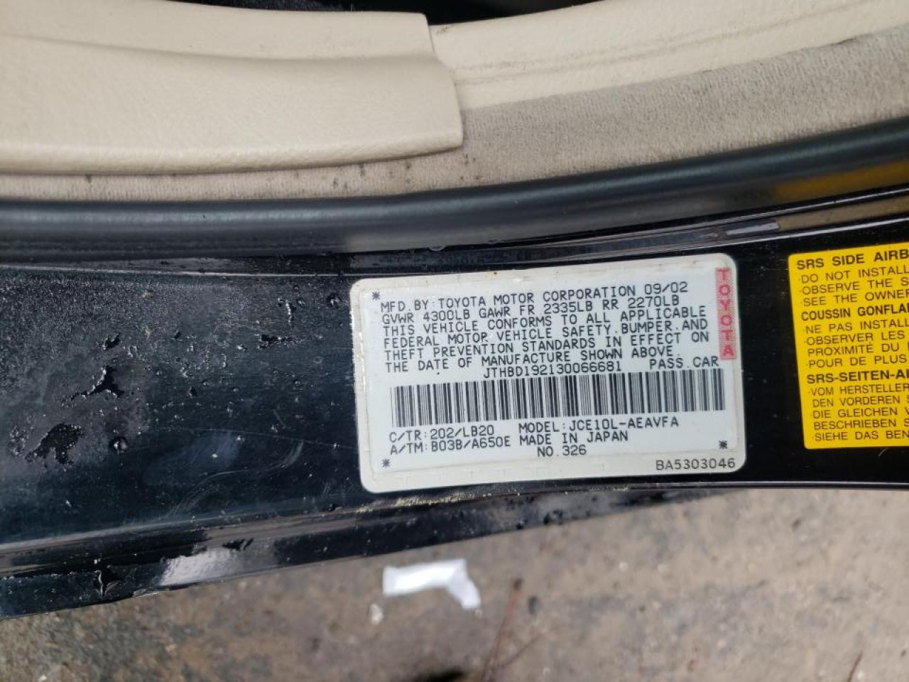 Photo 10 from auction – 2003 LEXUS IS 300 with VIN JTHBD192130066681