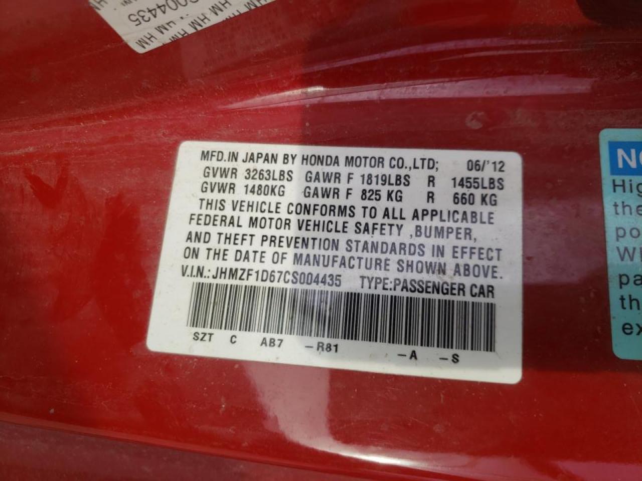 Photo 10 from auction – 2012 HONDA CR-Z EX with VIN JHMZF1D67CS004435