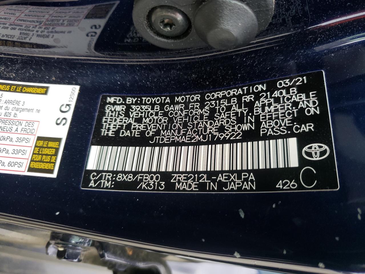 Photo 10 from auction – 2021 TOYOTA COROLLA LE with VIN JTDEPMAE2MJ179922
