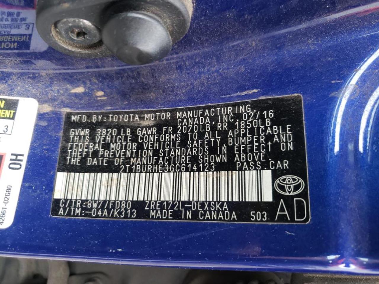 Photo 10 from auction – 2016 TOYOTA COROLLA L with VIN 2T1BURHE3GC614123