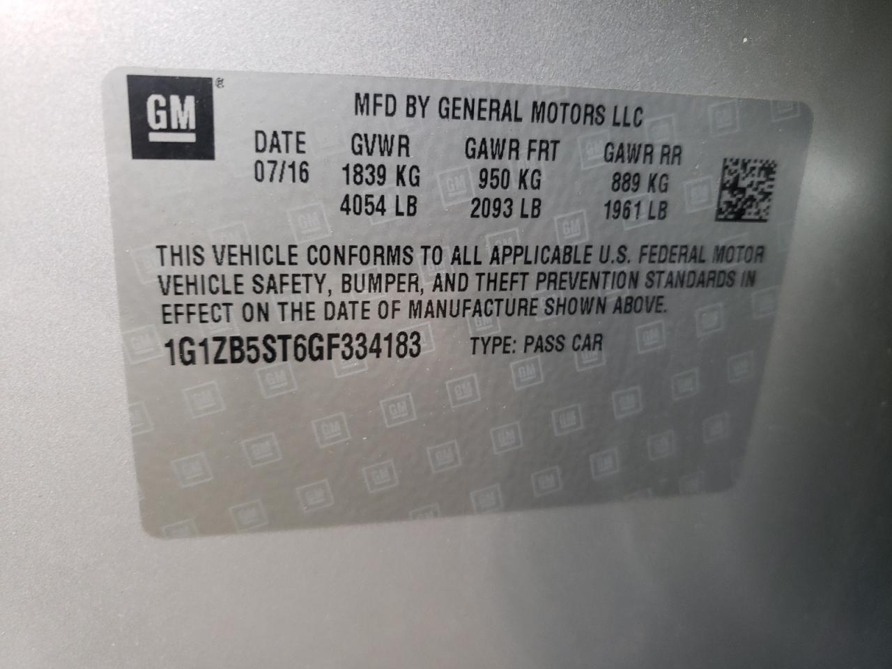 Photo 10 from auction – 2016 CHEVROLET MALIBU LS with VIN 1G1ZB5ST6GF334183