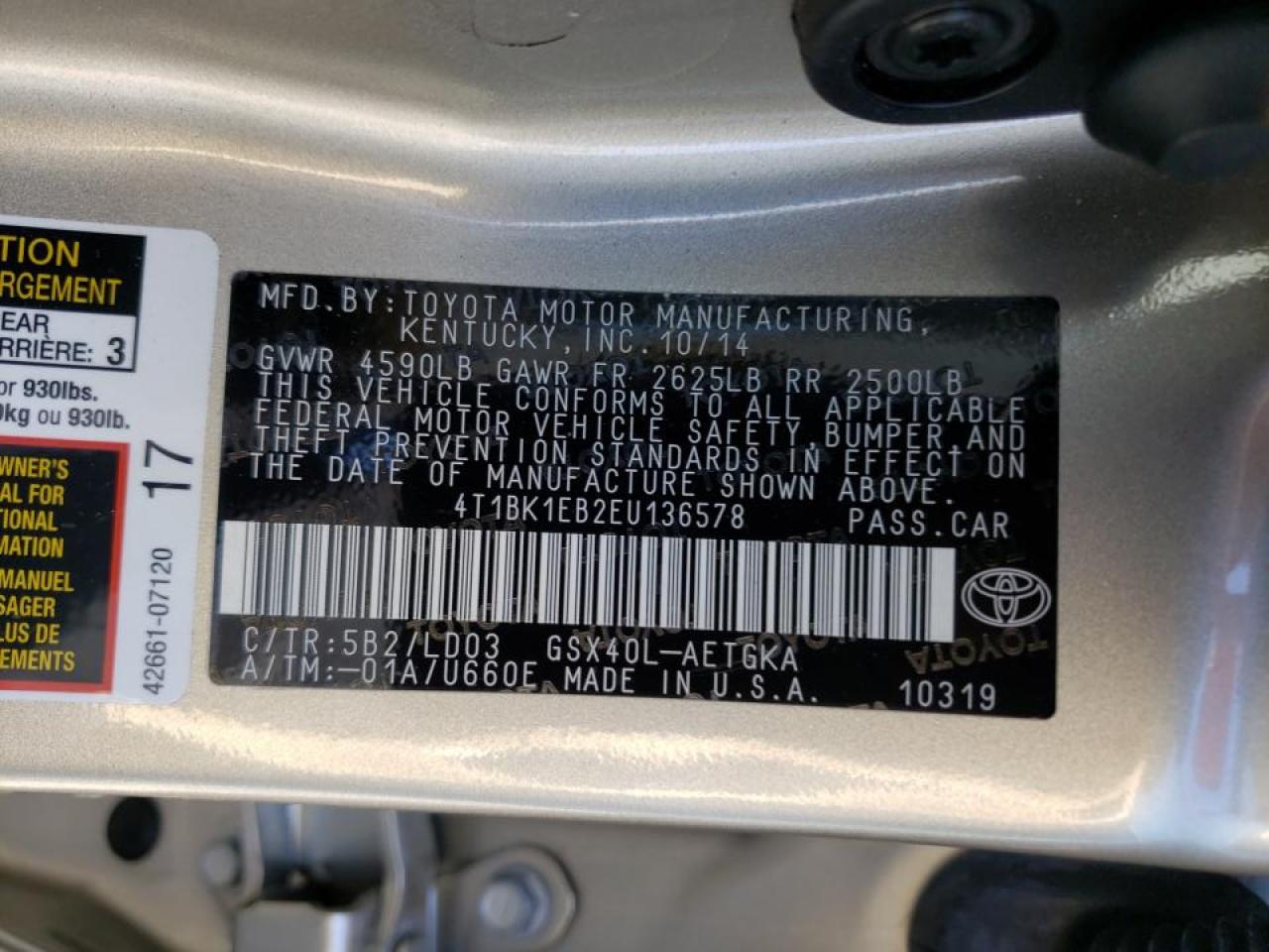 Photo 10 from auction – 2014 TOYOTA AVALON BAS with VIN 4T1BK1EB2EU136578