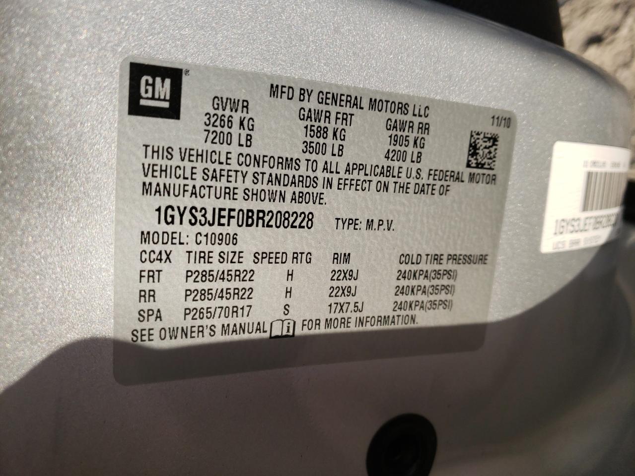Photo 10 from auction – 2011 CADILLAC ESCALADE E with VIN 1GYS3JEF0BR208228