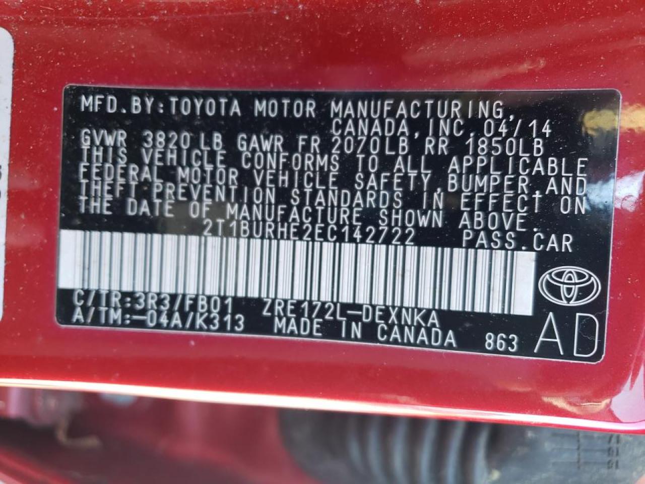 Photo 10 from auction – 2014 TOYOTA COROLLA L with VIN 2T1BURHE2EC142722