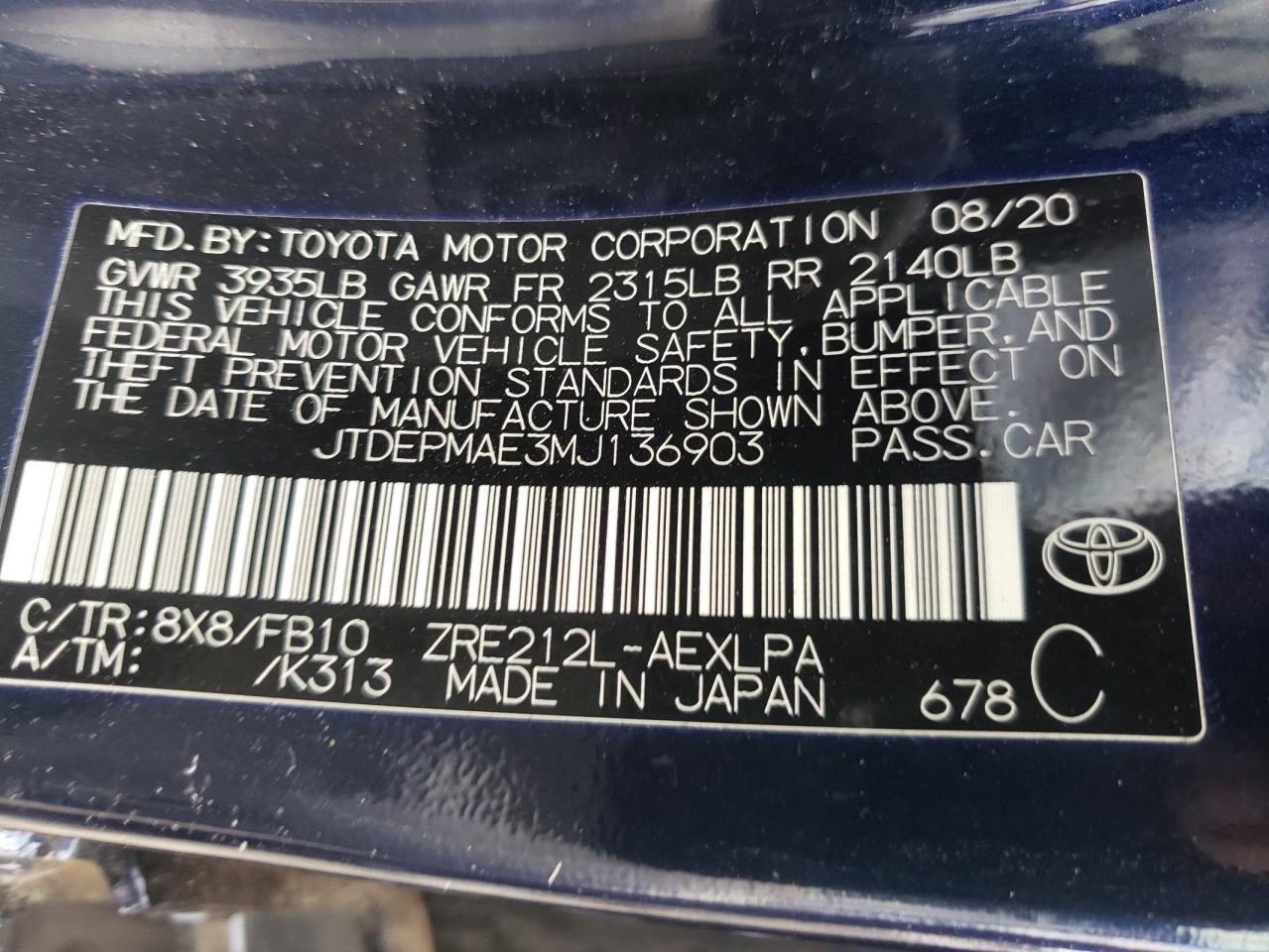 Photo 10 from auction – 2021 TOYOTA COROLLA LE with VIN JTDEPMAE3MJ136903