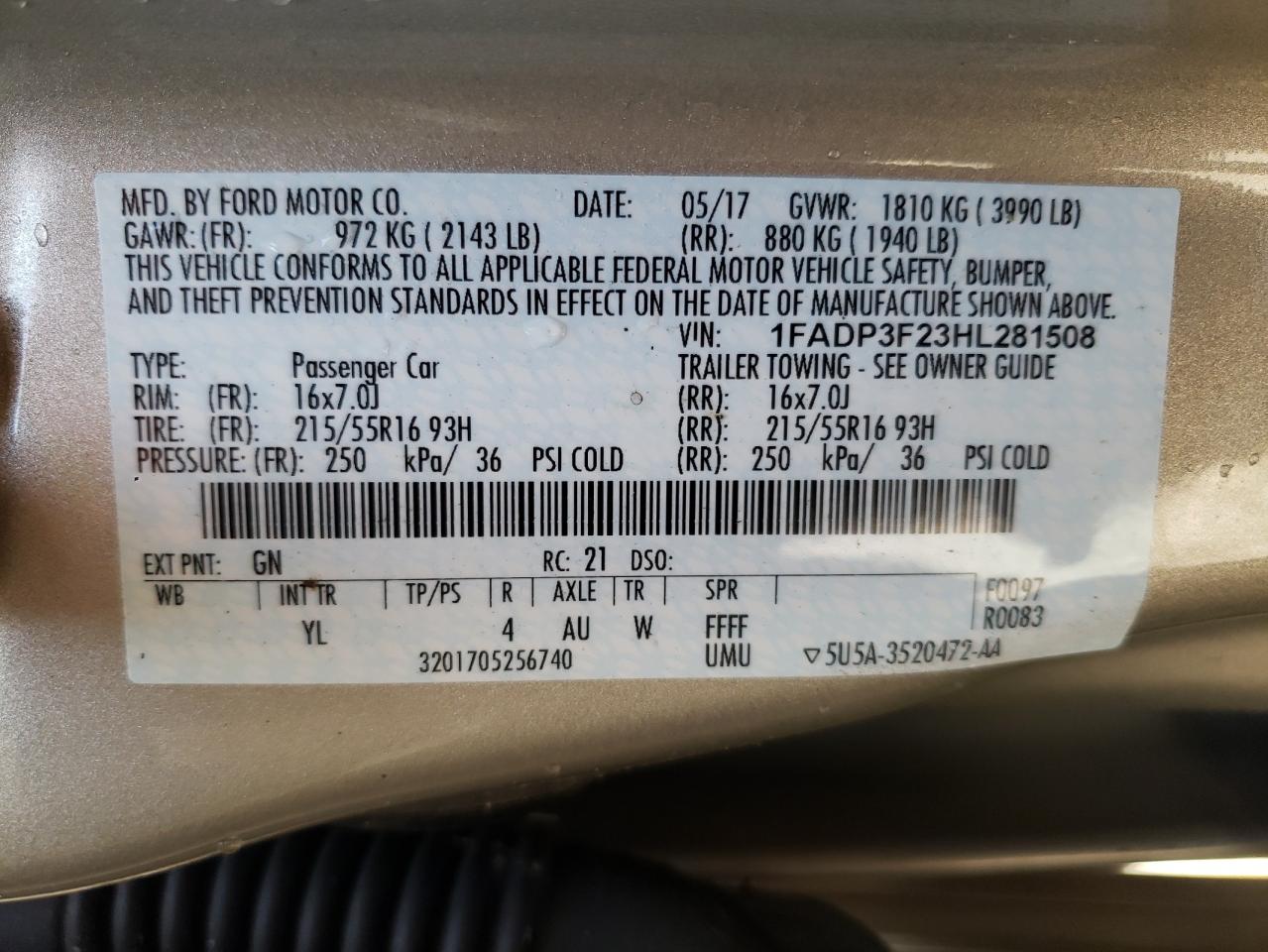 Photo 10 from auction – 2017 FORD FOCUS SE with VIN 1FADP3F23HL281508