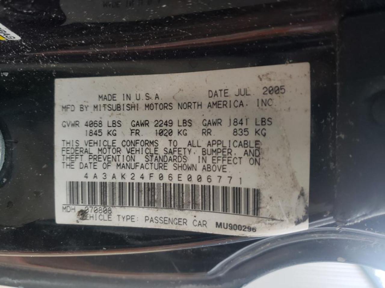 Photo 10 from auction – 2006 MITSUBISHI ECLIPSE GS with VIN 4A3AK24F06E006771