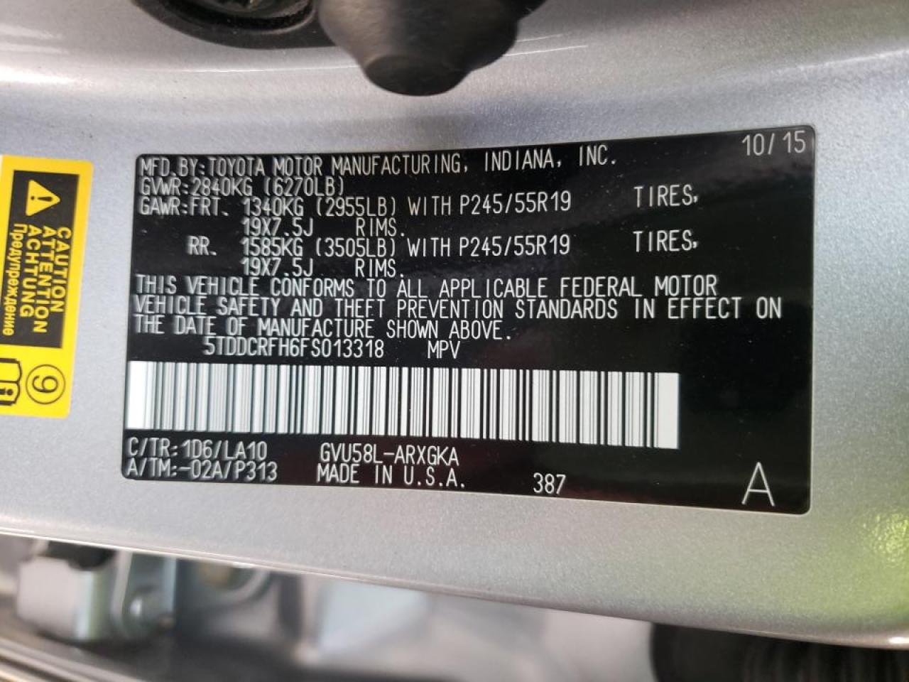 Photo 10 from auction – 2015 TOYOTA HIGHLANDER with VIN 5TDDCRFH6FS013318
