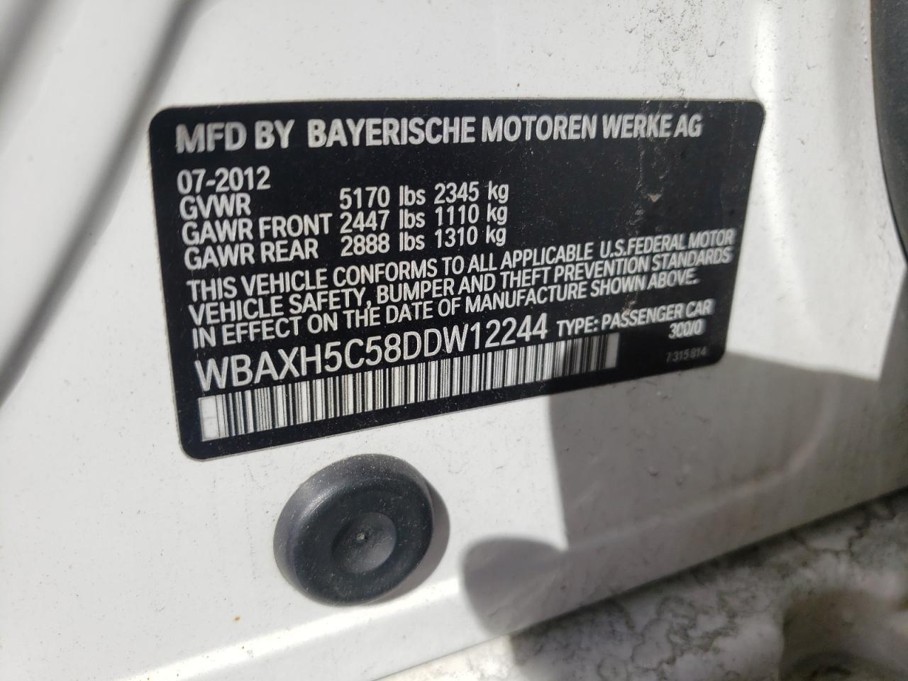 Photo 10 from auction – 2013 BMW 528 XI with VIN WBAXH5C58DDW12244