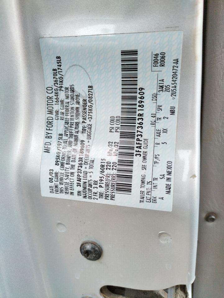 Photo 10 from auction – 2003 FORD FOCUS ZX5 with VIN 3FAFP37363R189609