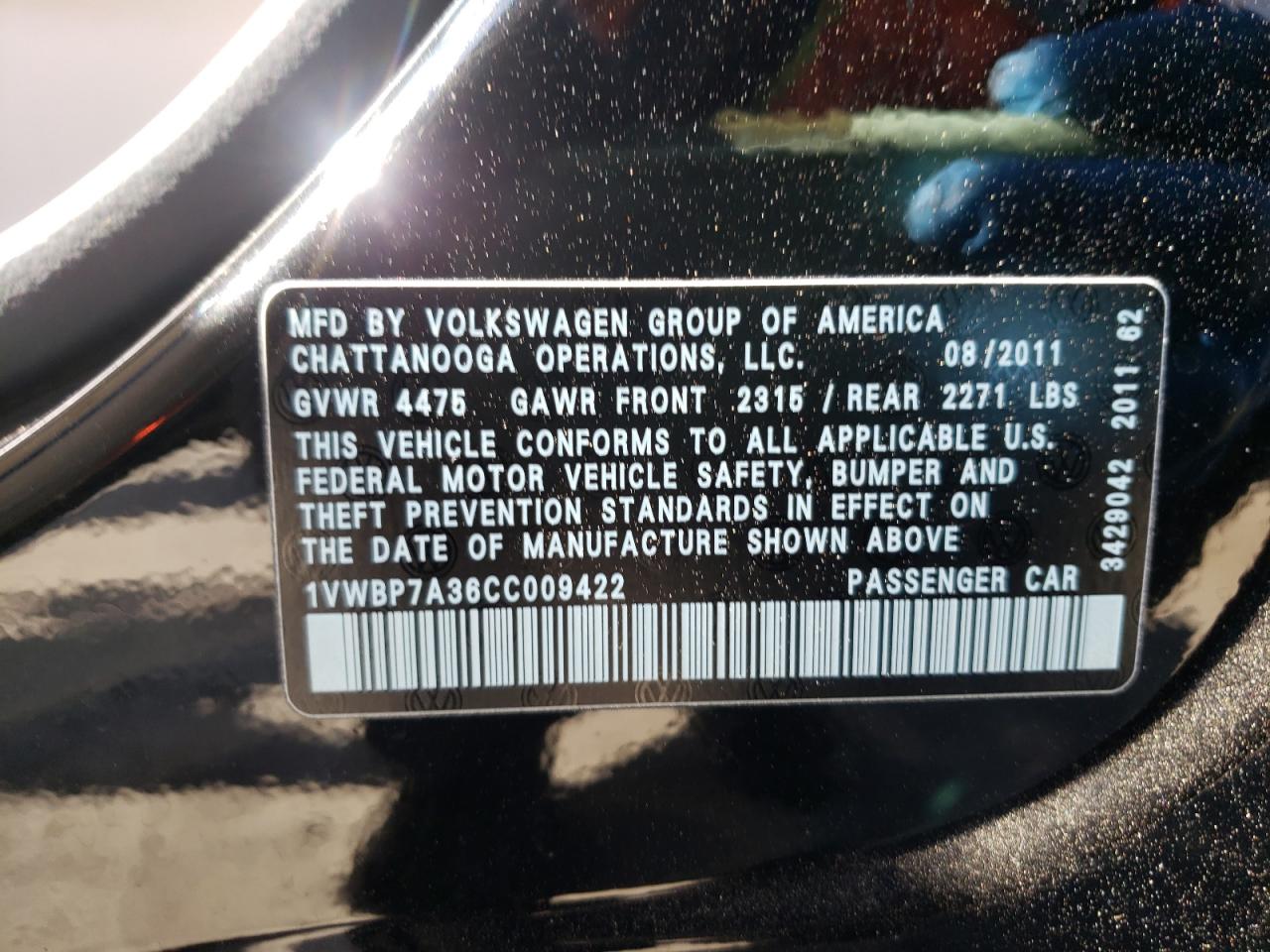 Photo 10 from auction – 2012 VOLKSWAGEN PASSAT SE with VIN 1VWBP7A36CC009422